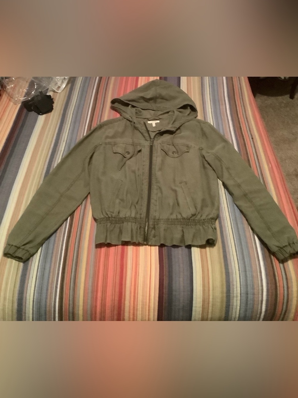 Army, Utility Jacket,Green Khaki Jacket with Pockets & Hood, Cinched Waist